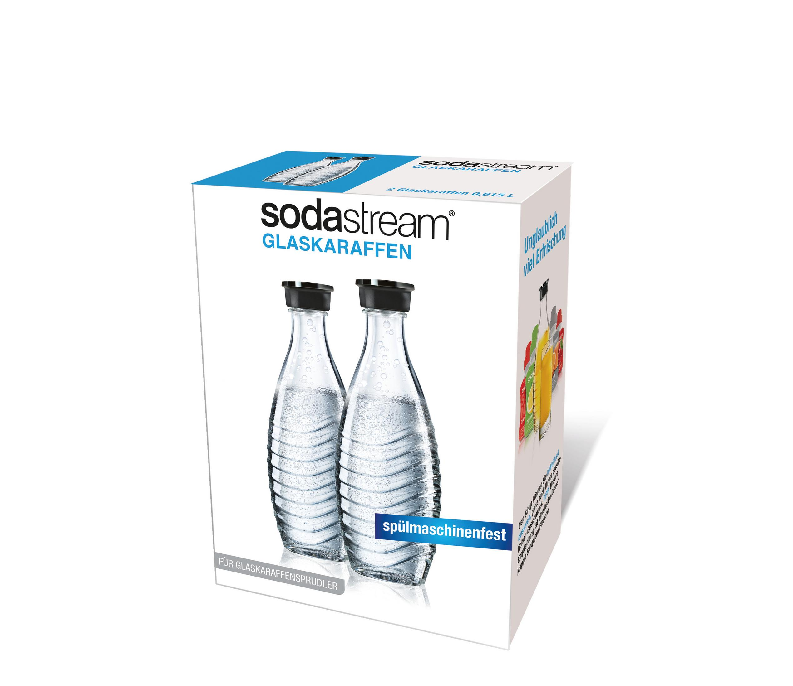 Pudełko z dwiema szklanymi butelkami Soda Stream. Pudełko ma tekst i obrazy. Białe tło.