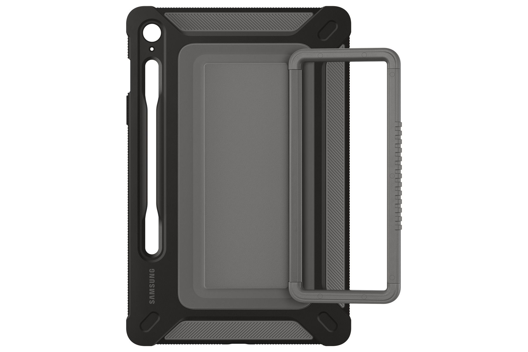 Una custodia per tablet nera e grigia con una maniglia, con il logo Samsung.