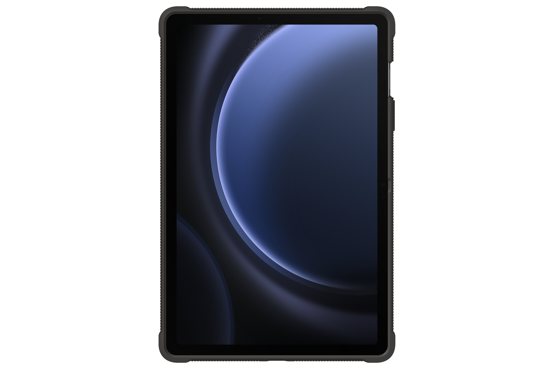 Tablet con custodia nera. Lo schermo mostra un design astratto blu e viola. Sfondo bianco.