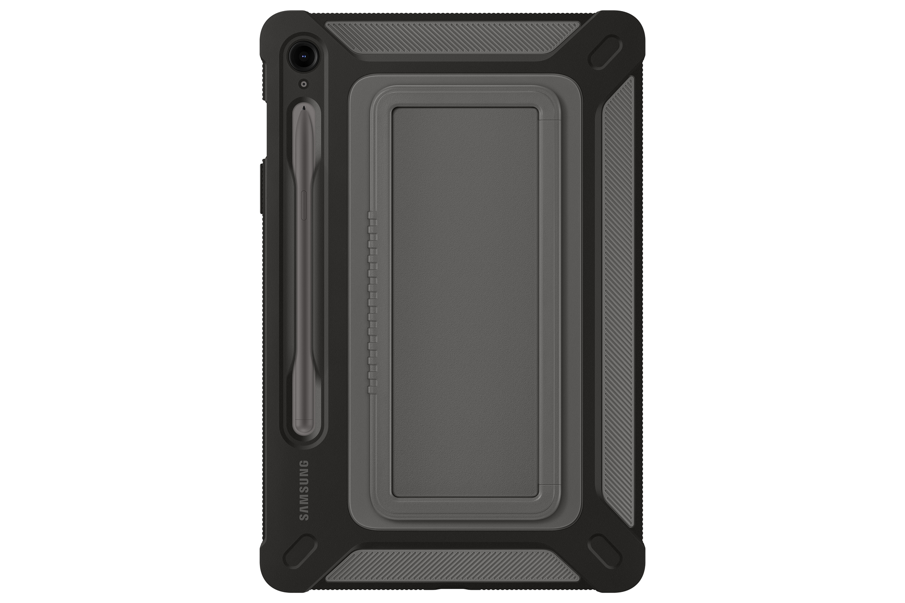 Tablet in una custodia robusta, con uno stilo attaccato e un logo Samsung.