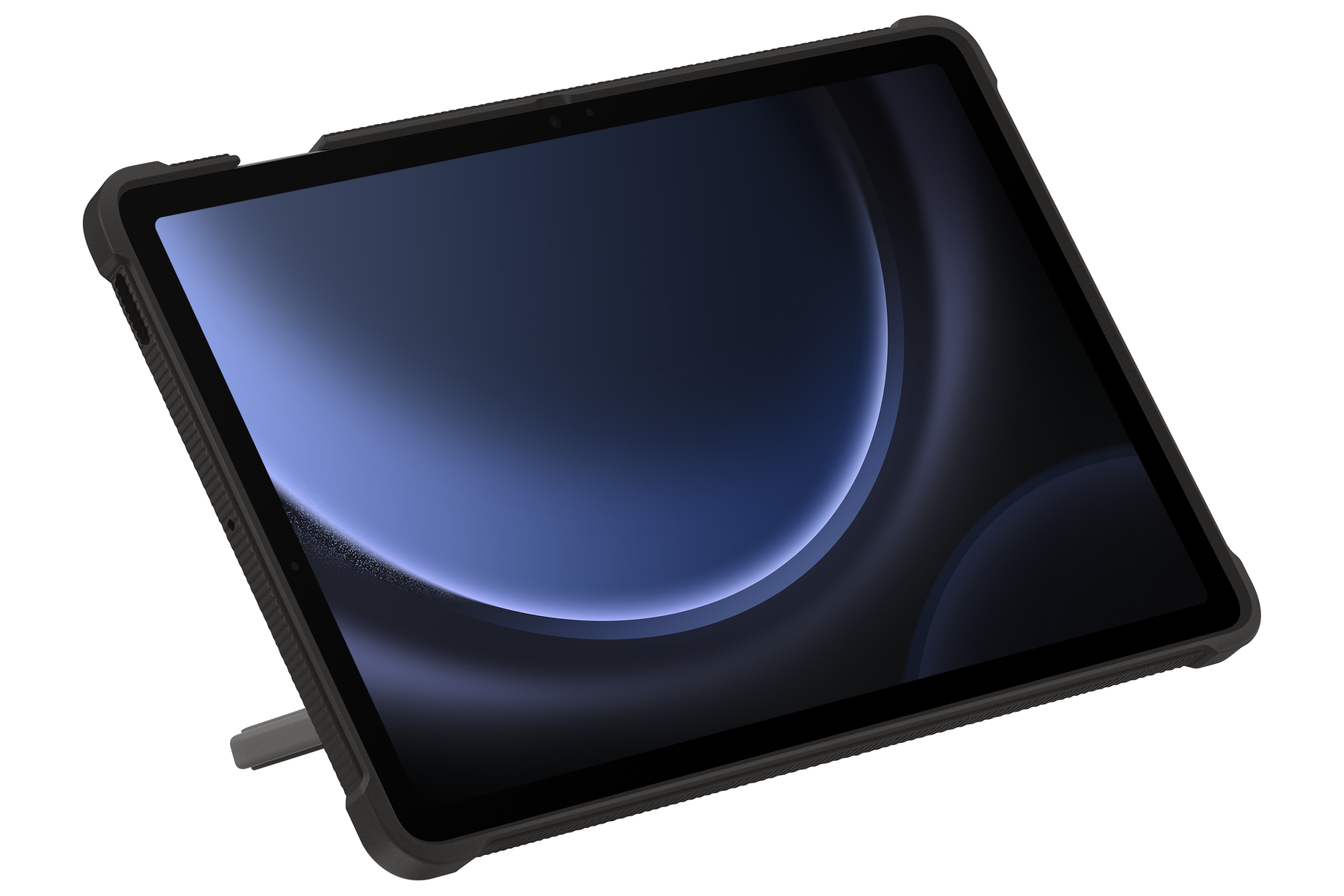Tablet nero con custodia e supporto su sfondo bianco.