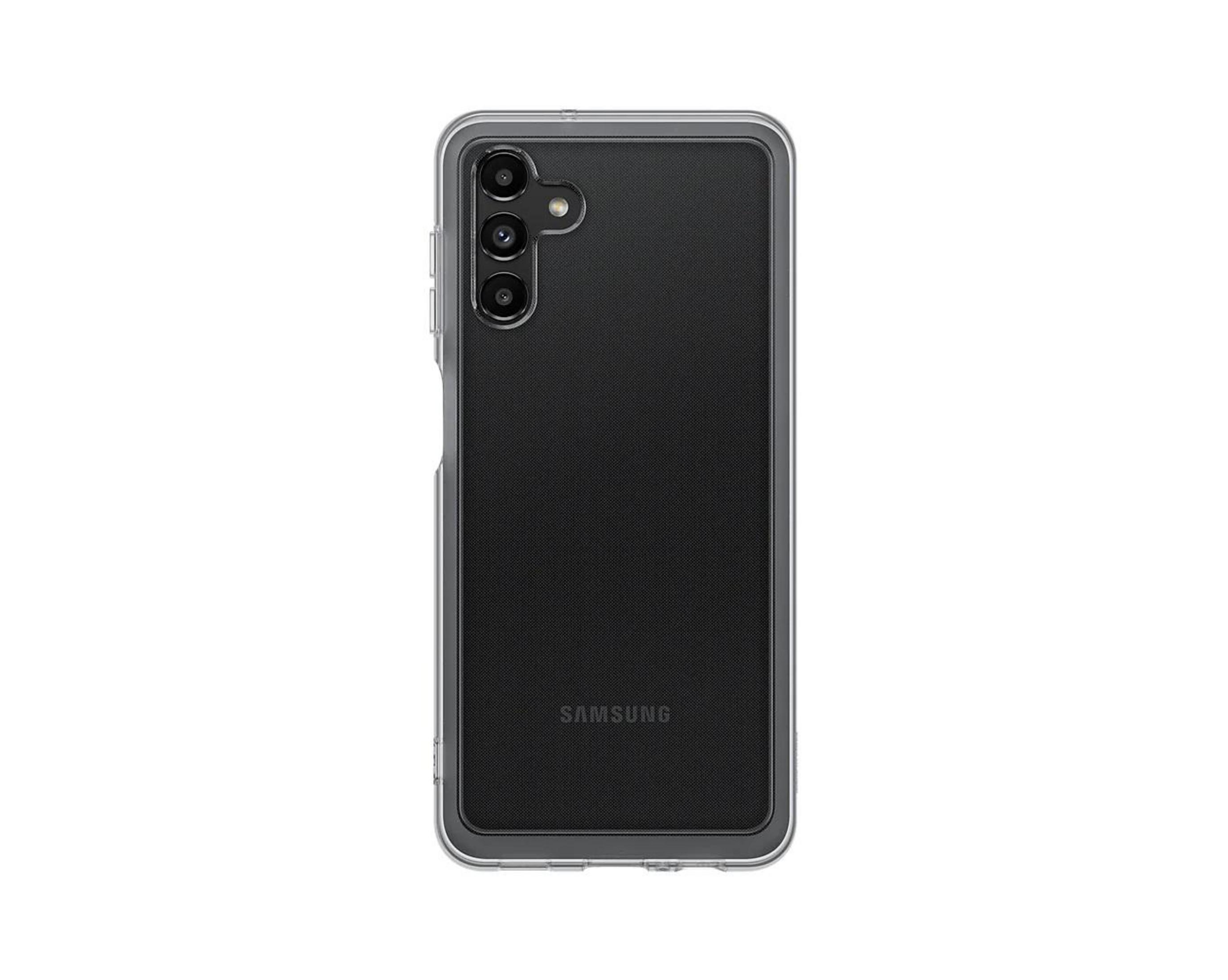 Ein schwarzes Telefon in einer transparenten Hülle, das die Rückseite des Telefons zeigt.