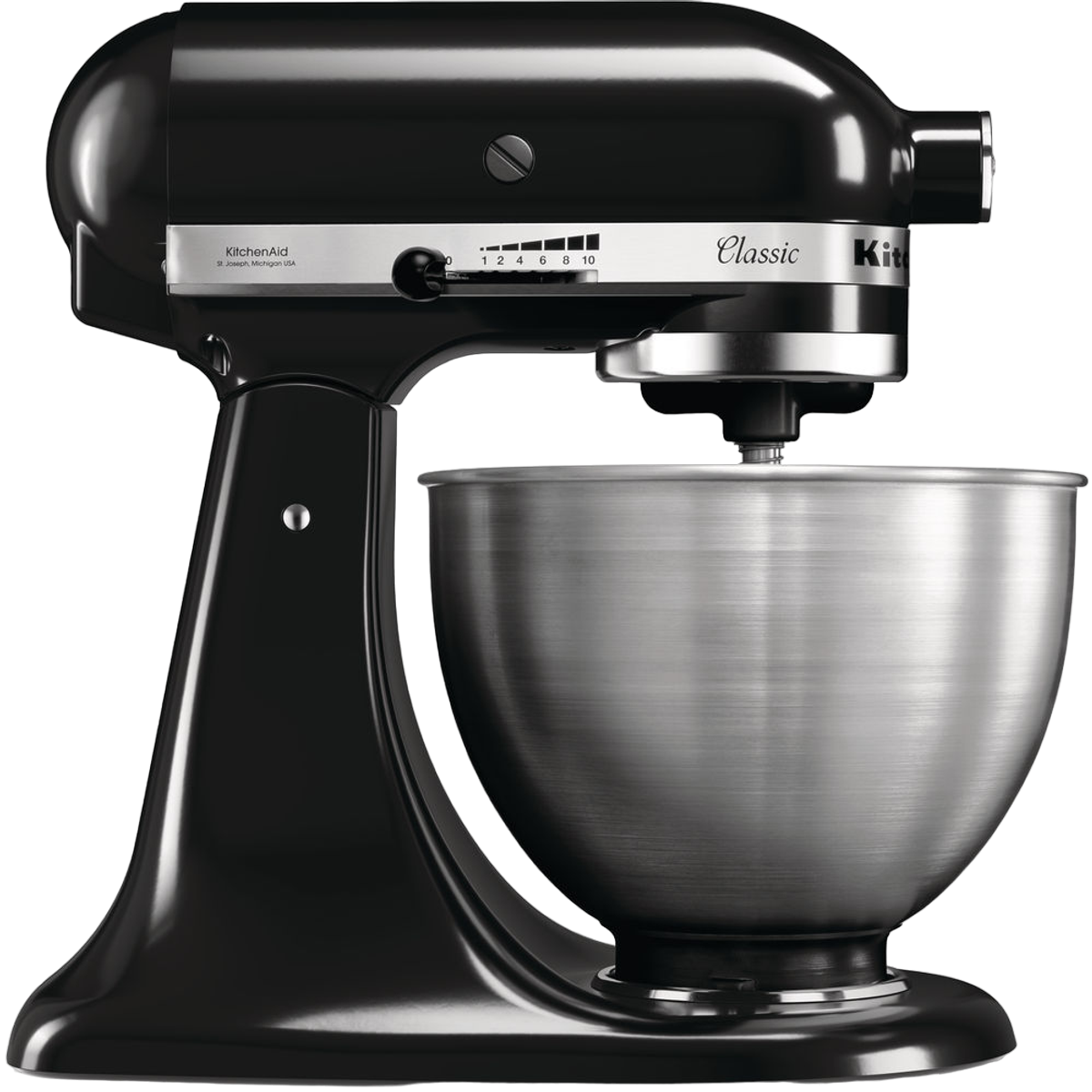 Mixeur KitchenAid noir avec un bol en acier inoxydable.