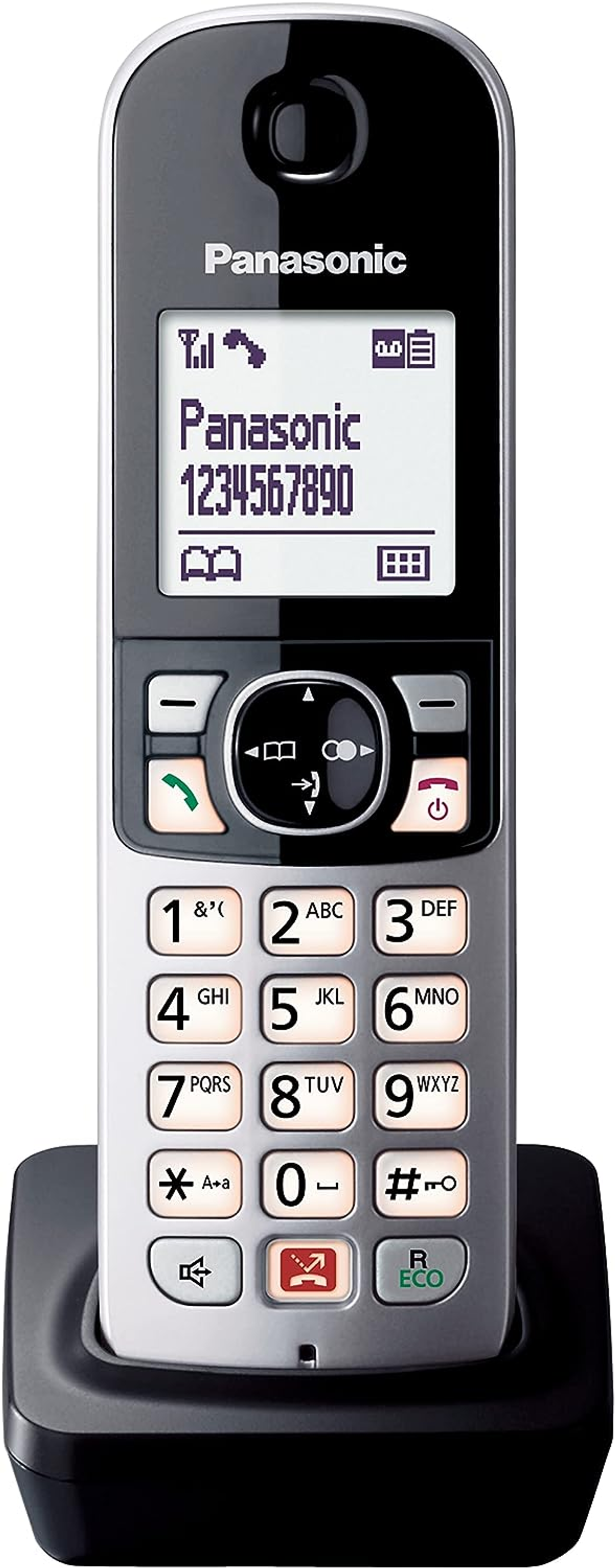 Schnurloses Panasonic-Telefon auf seiner Basis. Schwarz und Silber. Display zeigt Zahlen.