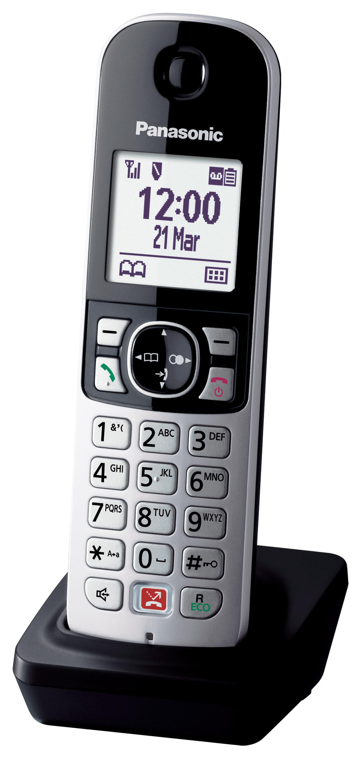 Schwarz-silbernes schnurloses Telefon mit Display, auf einer schwarzen Ladestation.