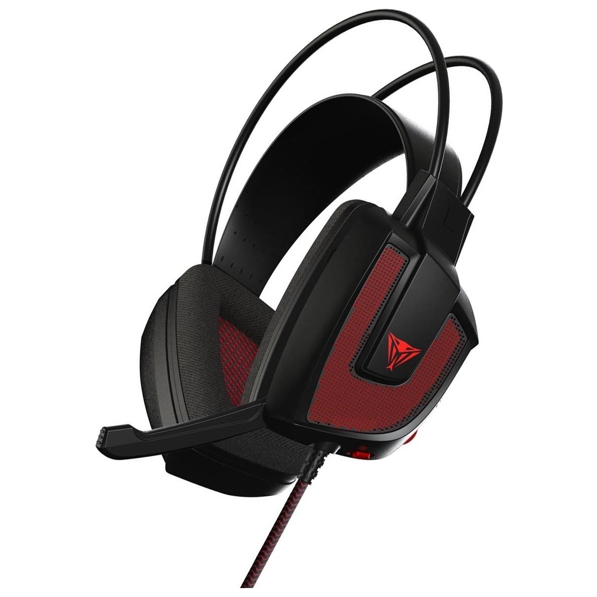 Cuffie da gioco nere e rosse con microfono. Sfondo bianco.