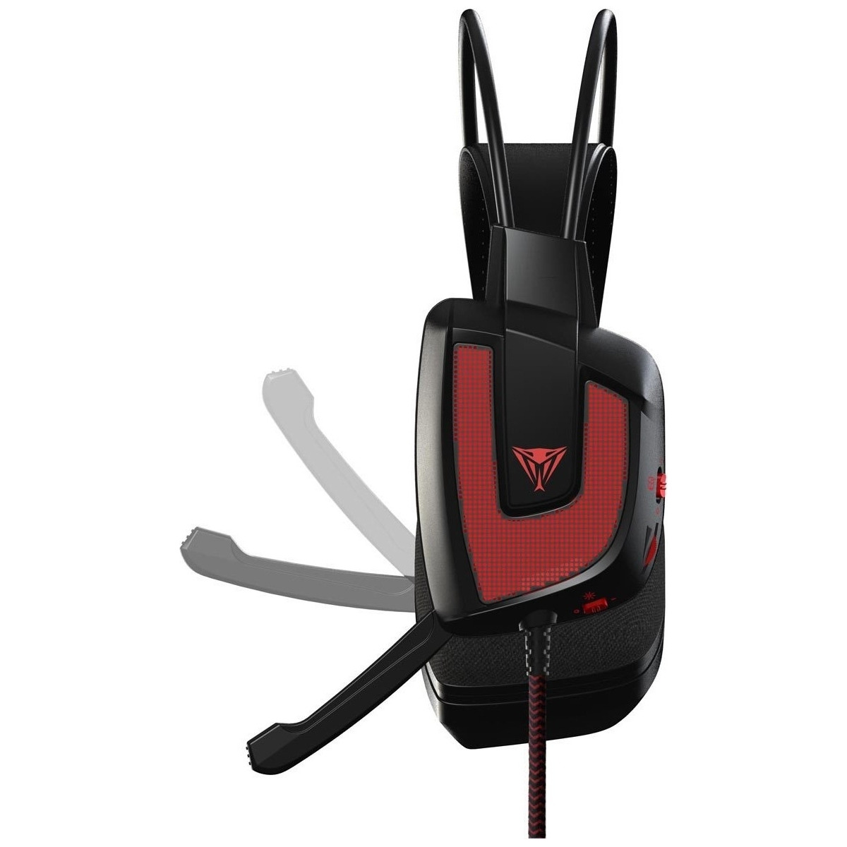 Cuffie da gioco nere e rosse con microfono angolato, su sfondo bianco.