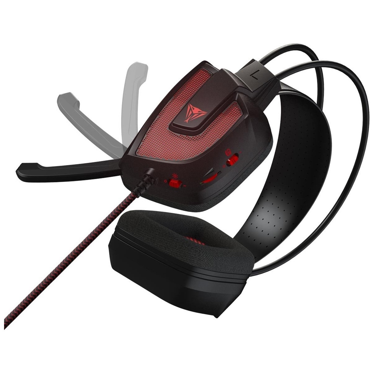 Cuffie da gaming nere con dettagli rossi, microfono esteso. Sfondo bianco.