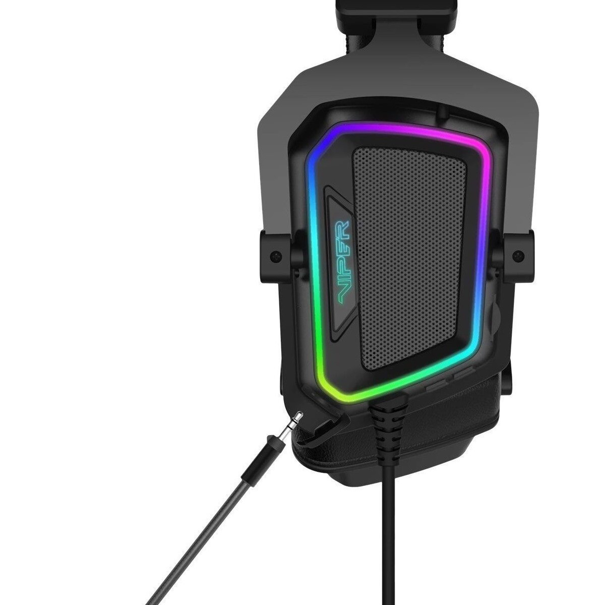 Cuffie da gioco nere con luci al neon e cavo. Sfondo bianco.