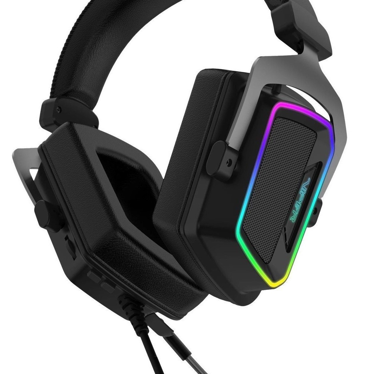 Cuffie da gioco nere con illuminazione RGB sui padiglioni. Il design include una fascia imbottita.