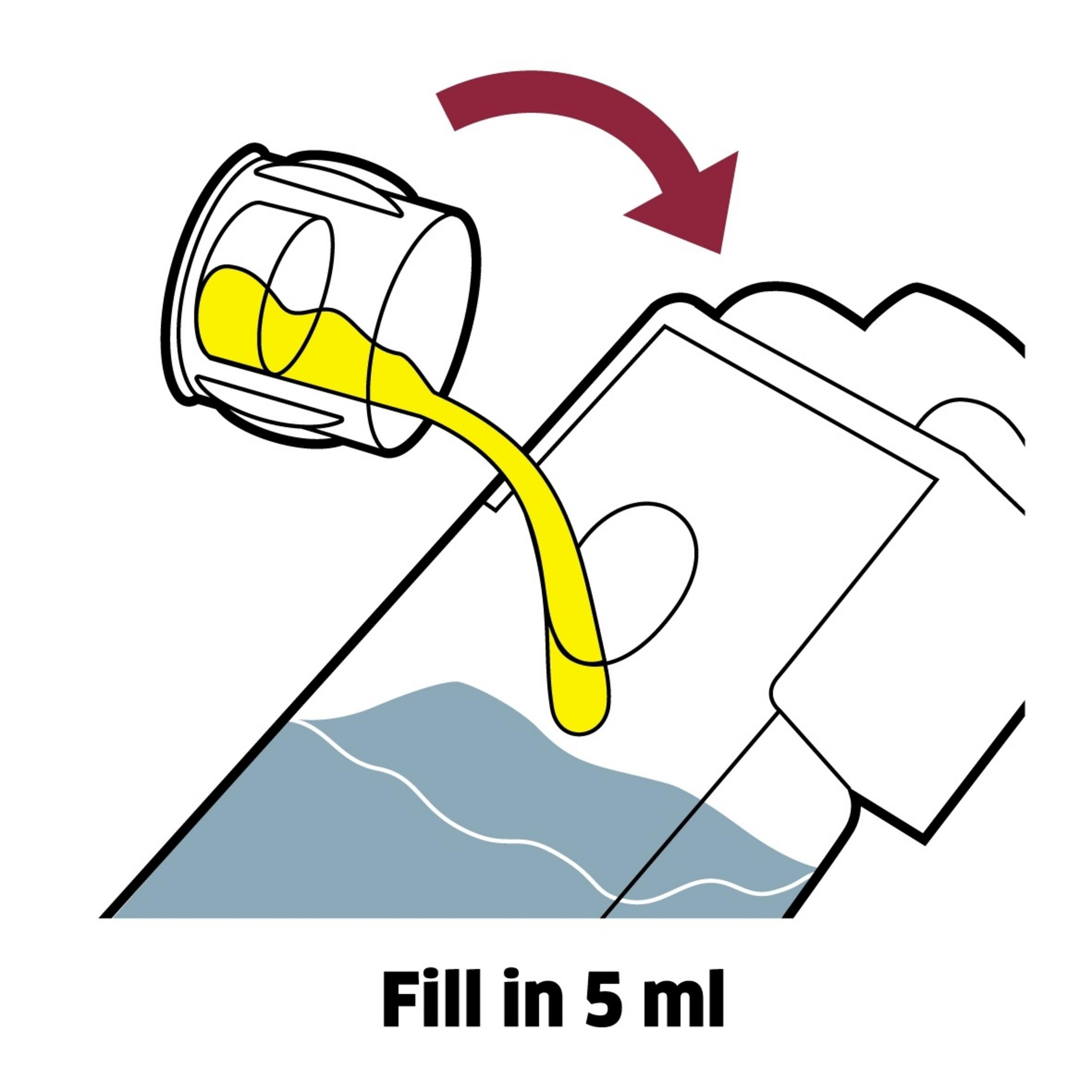 Illustration von gelber Flüssigkeit, die aus einem Behälter in ein Rechteck gegossen wird. Text lautet: "Fill in 5 ml".