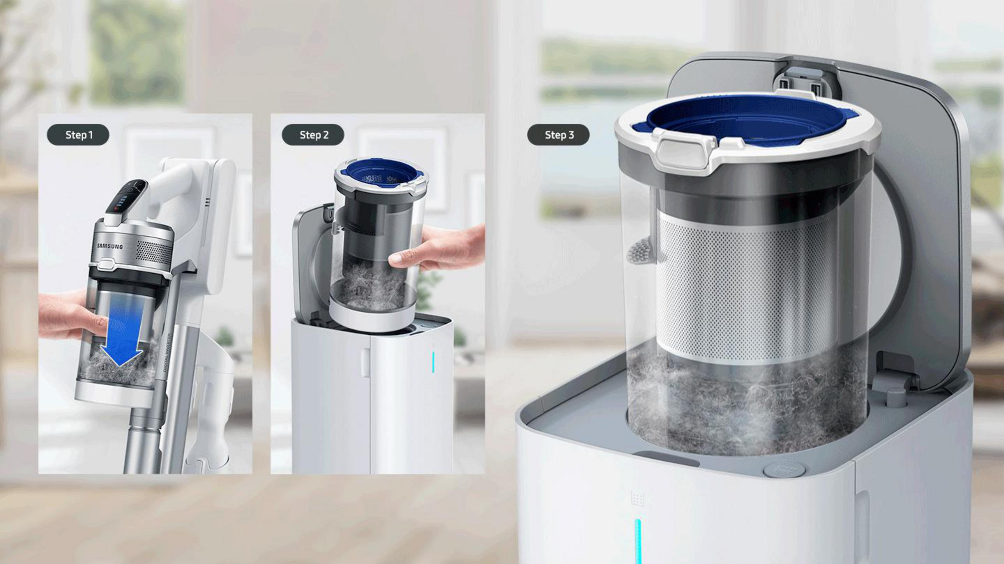 Kroki demontażu odkurzacza. Pokazuje wyjmowanie pojemnika na kurz i wymianę filtra.