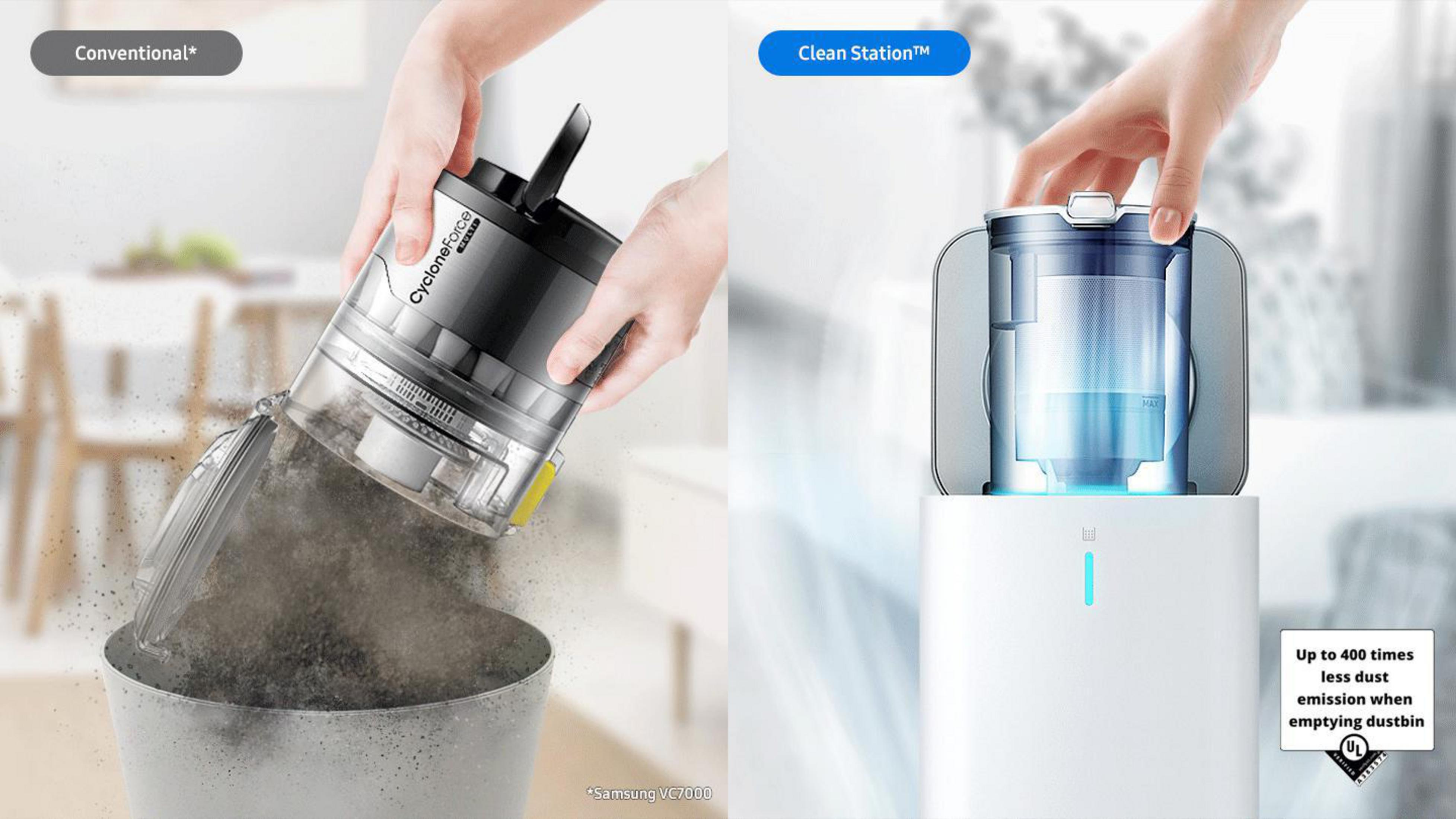 Odkurzacz porównujący usuwanie kurzu. Po lewej: konwencjonalne opróżnianie. Po prawej: Clean Station z mniejszą emisją pyłu.