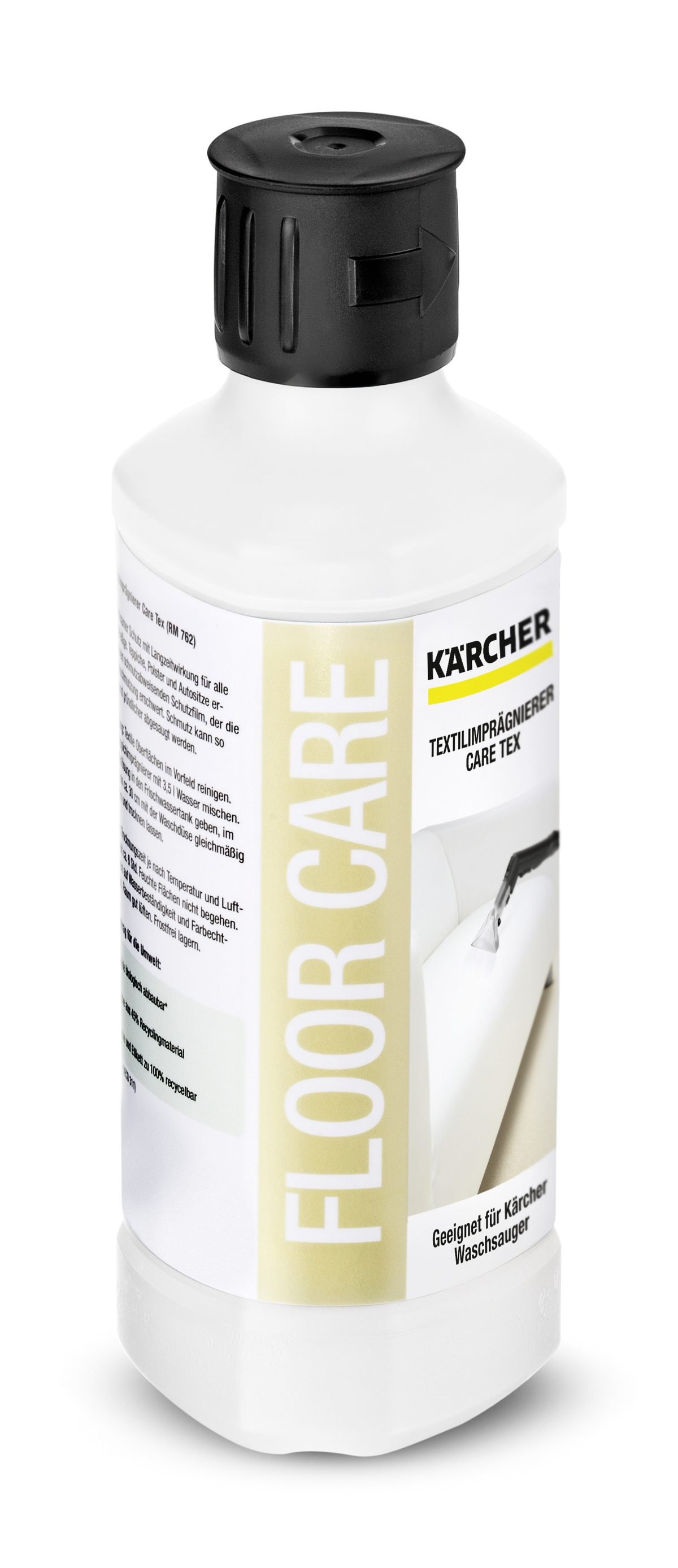 Weiße Flasche Bodenpflegeprodukt mit schwarzem Deckel, Produktname in großen gelben Buchstaben.