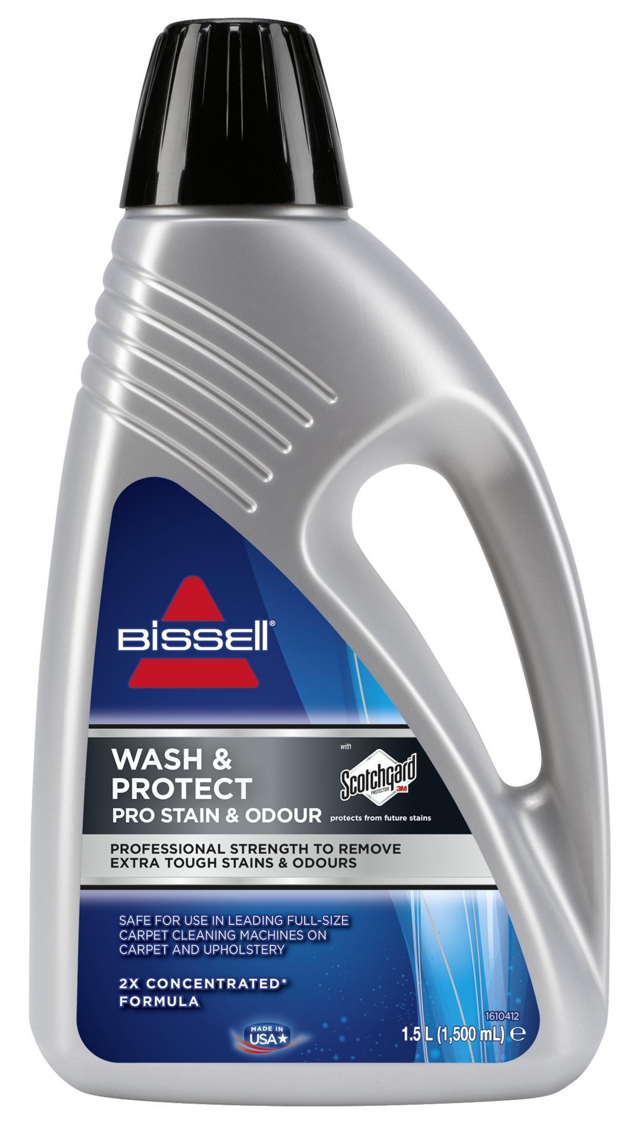 Silberne Flasche Teppichreiniger Bissell Wash & Protect. Das Etikett sagt '2X Concentrated'.