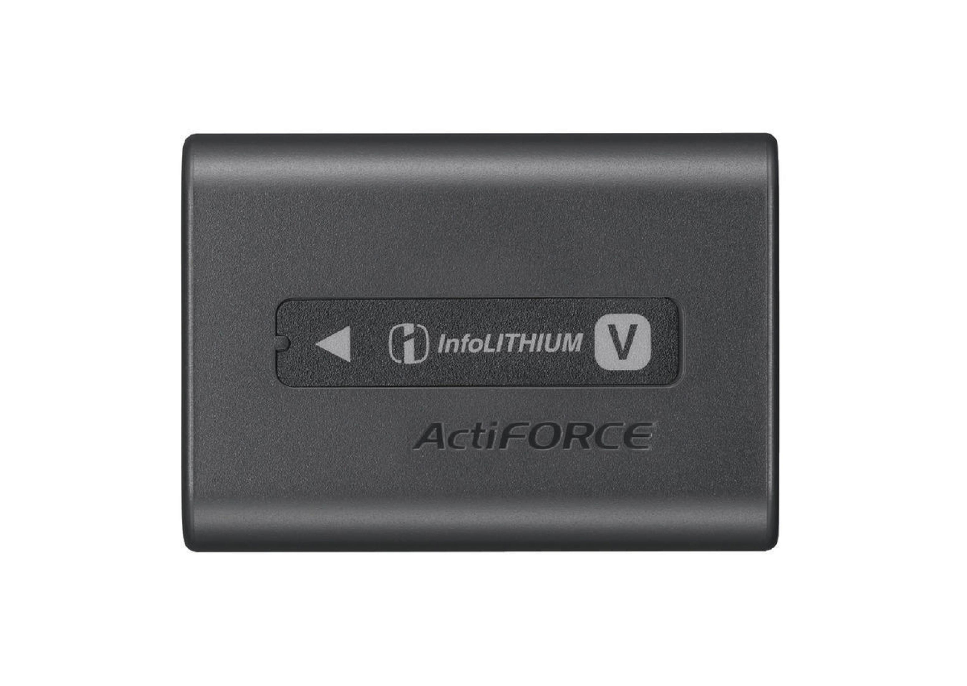 Un pacco batteria rettangolare nero con l'etichetta 'InfoLITHIUM V' e 'ActiFORCE'.