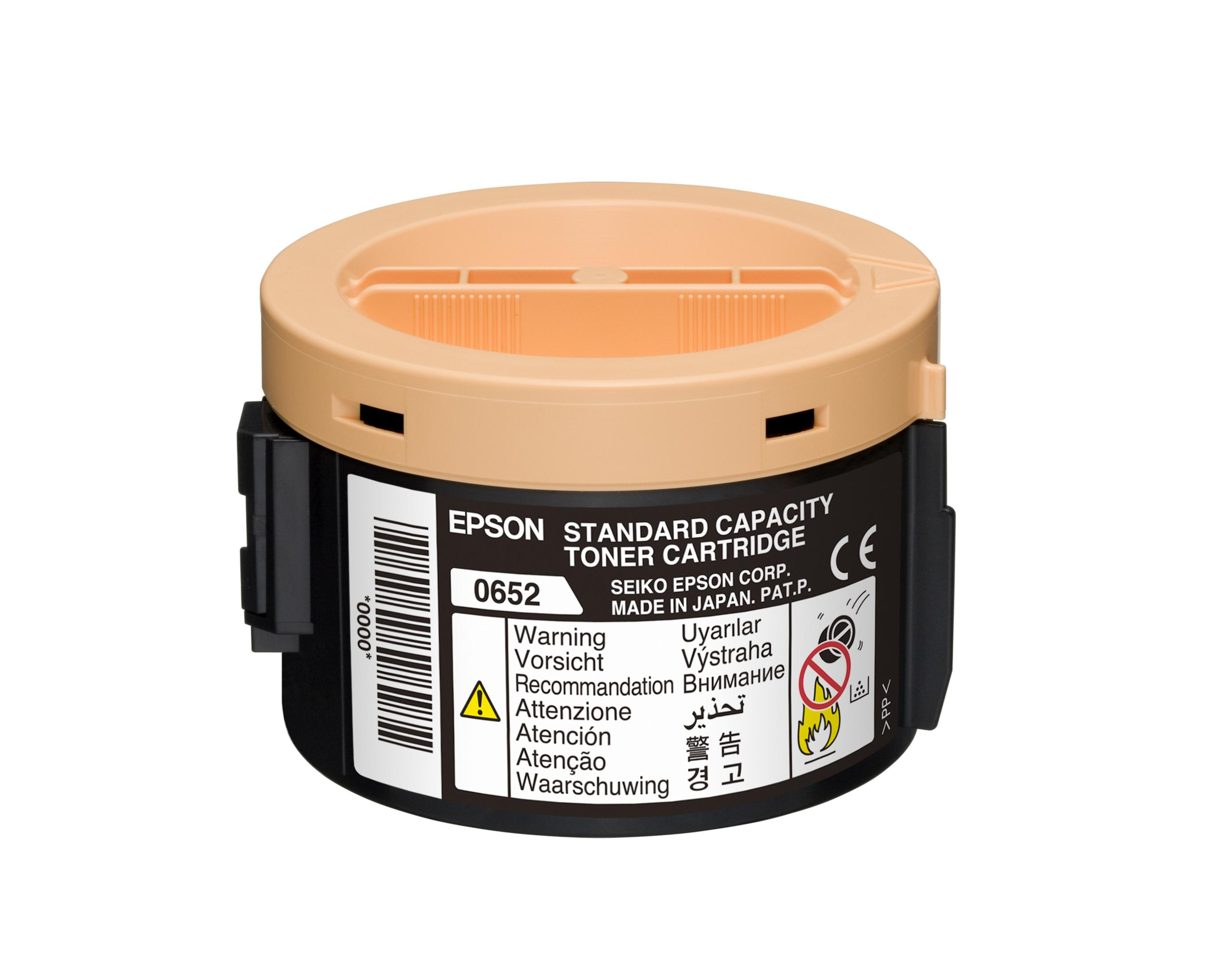 Cartuccia toner Epson. Colori beige e nero. Avvertenze stampate.