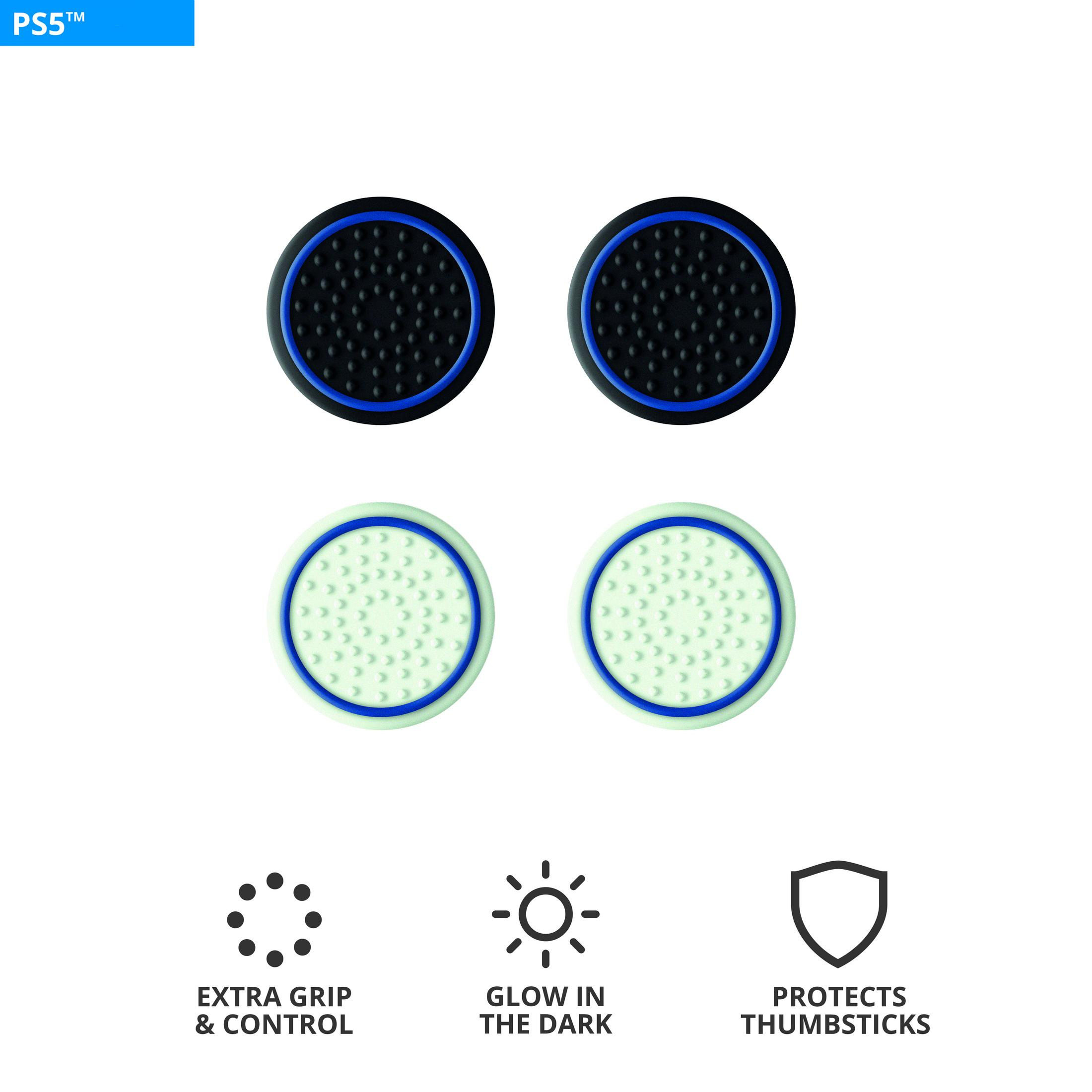 Quattro impugnature per pollice per PS5, bianco e nero, con icone: presa, bagliore, proteggere.