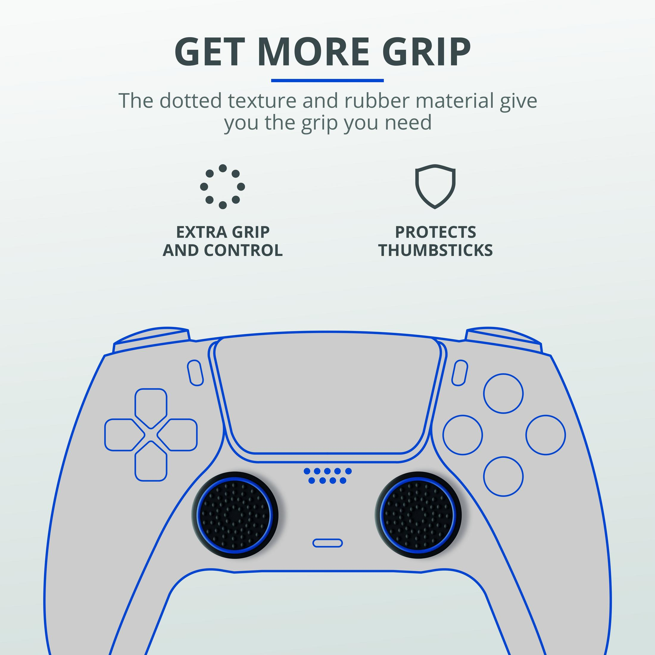 Controller di gioco grigio con impugnature nere per i pollici. Testo sopra: 'GET MORE GRIP'.