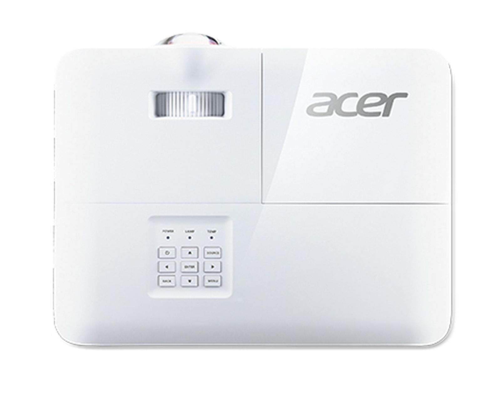 White Acer projector, top view, with control buttons and Acer logo.