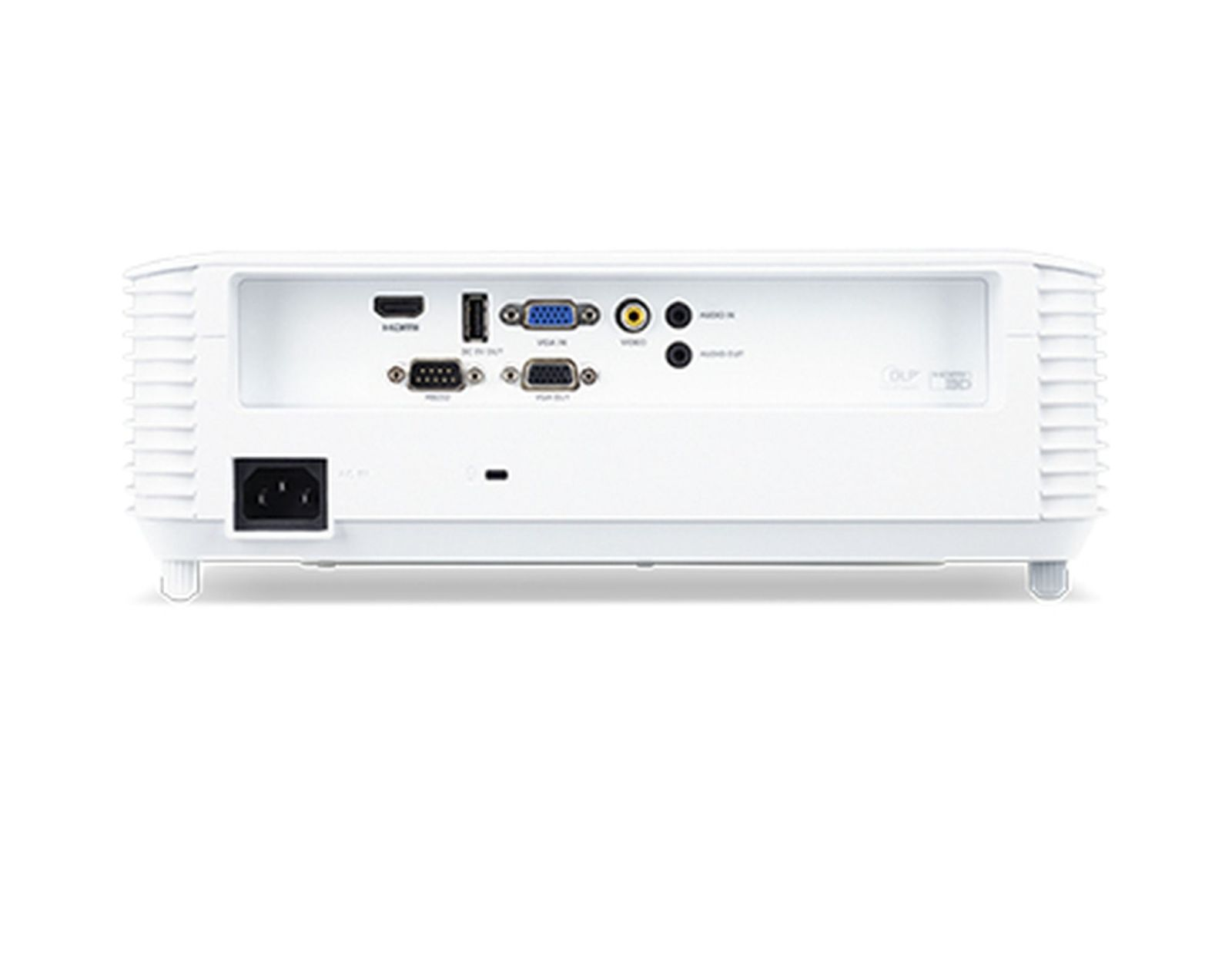 White projector with connection ports, including HDMI and VGA.