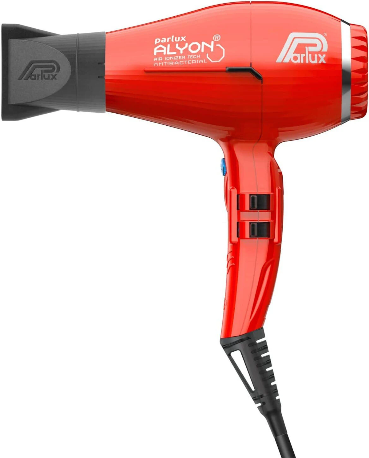 Asciugacapelli rosso con dettagli neri. Parlux Alyon è il marchio.
