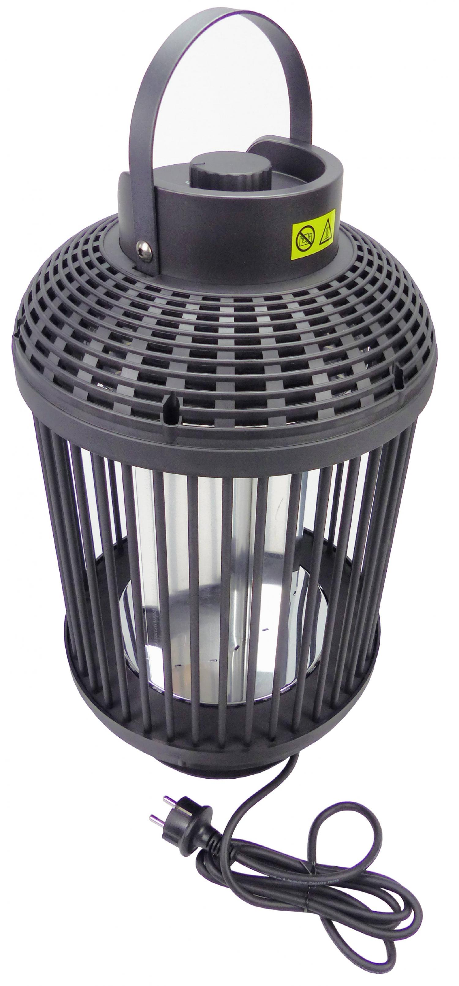 Schwarze Insektenvernichter-Lampe für den Außenbereich. Sie hat einen Griff, einen Drahtkäfig und ein Netzkabel.
