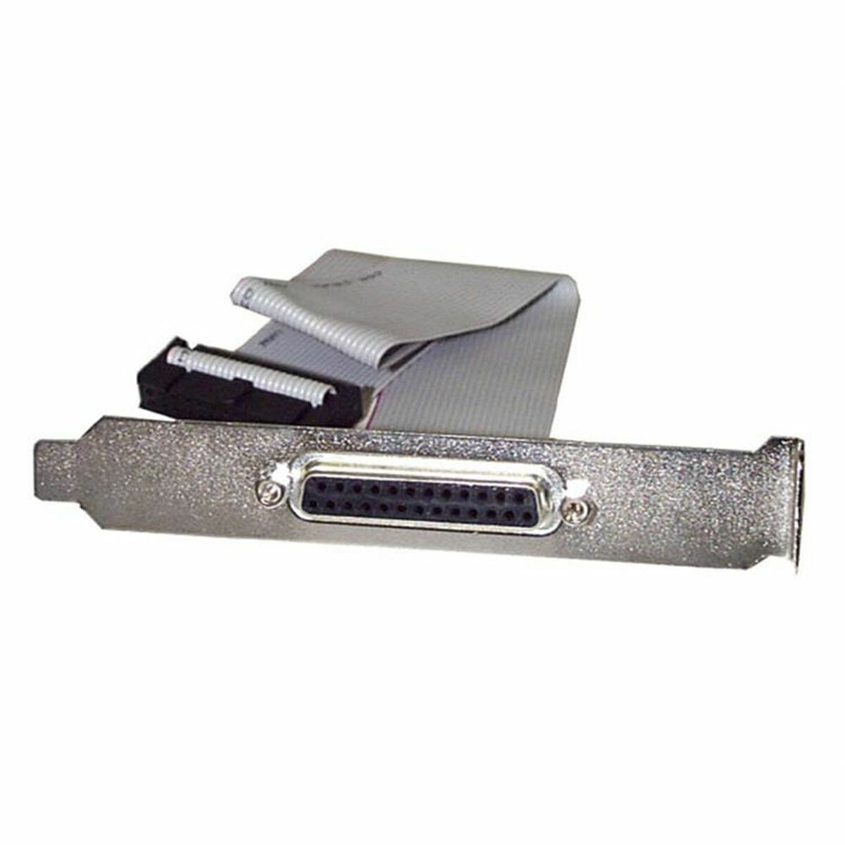 Eine silberne Computerkarte mit einem schwarzen Stecker und einem grauen Flachbandkabel.