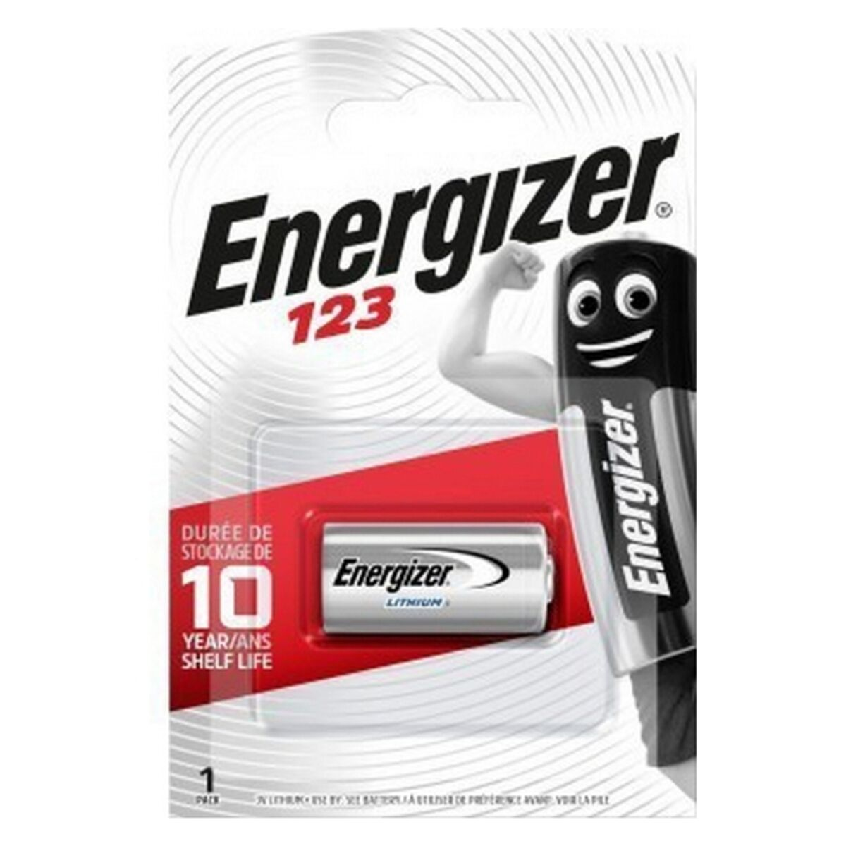 Eine Energizer 123 Batterie in einer Verpackung. Text: 10 Jahre Haltbarkeit.