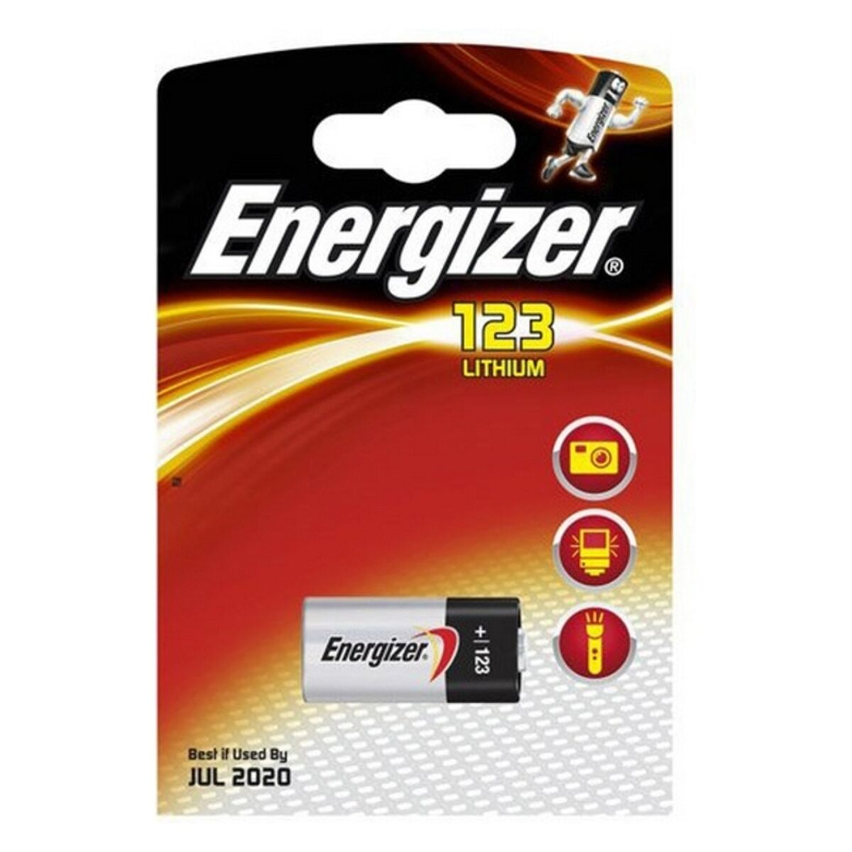 Energizer 123 Lithium Batteriepack mit Batterie und Icons einer Kamera, eines Lichts und einer Taschenlampe.