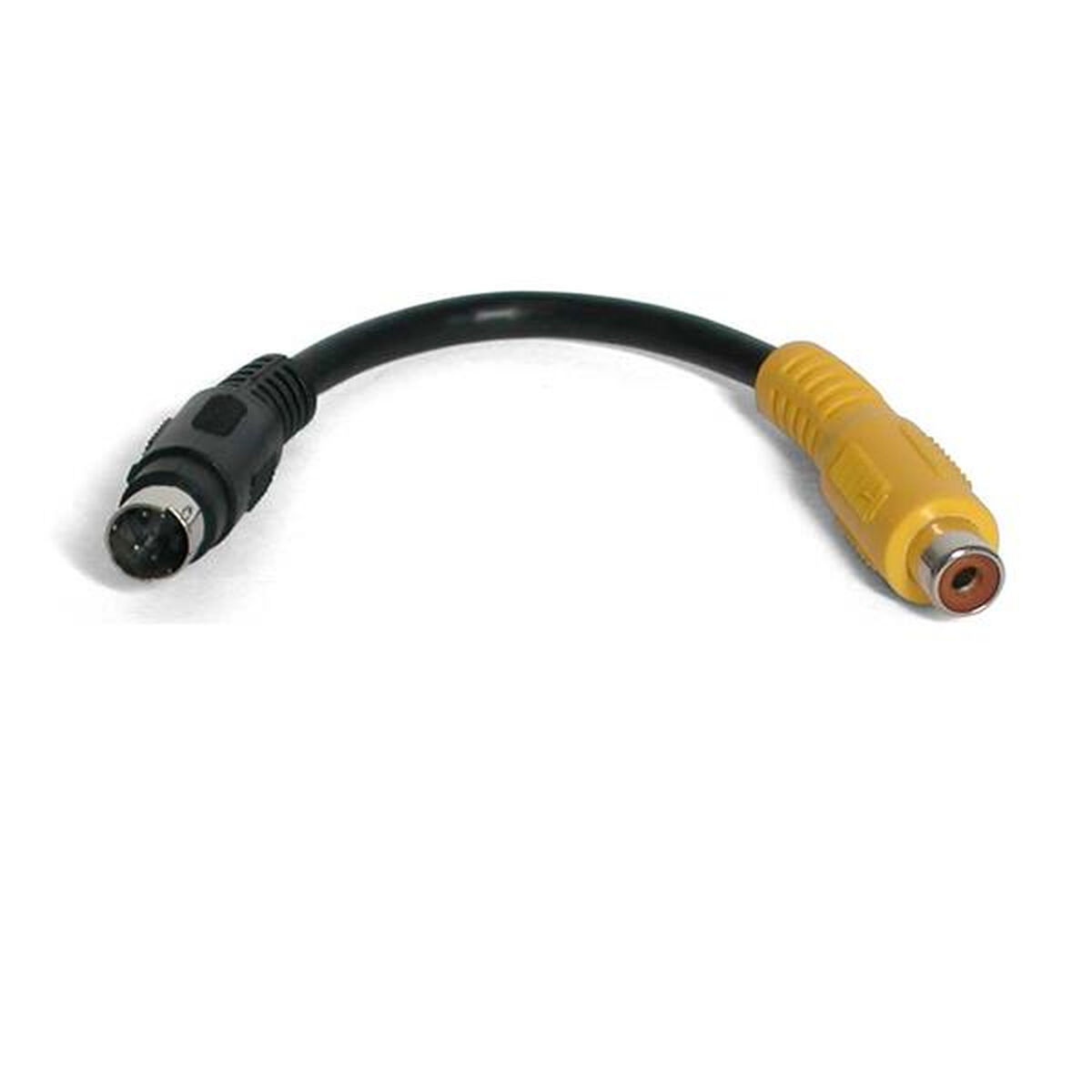 Ein schwarzes und gelbes Cinch- auf S-Video-Kabel, dazwischen ein schwarzes Kabel.