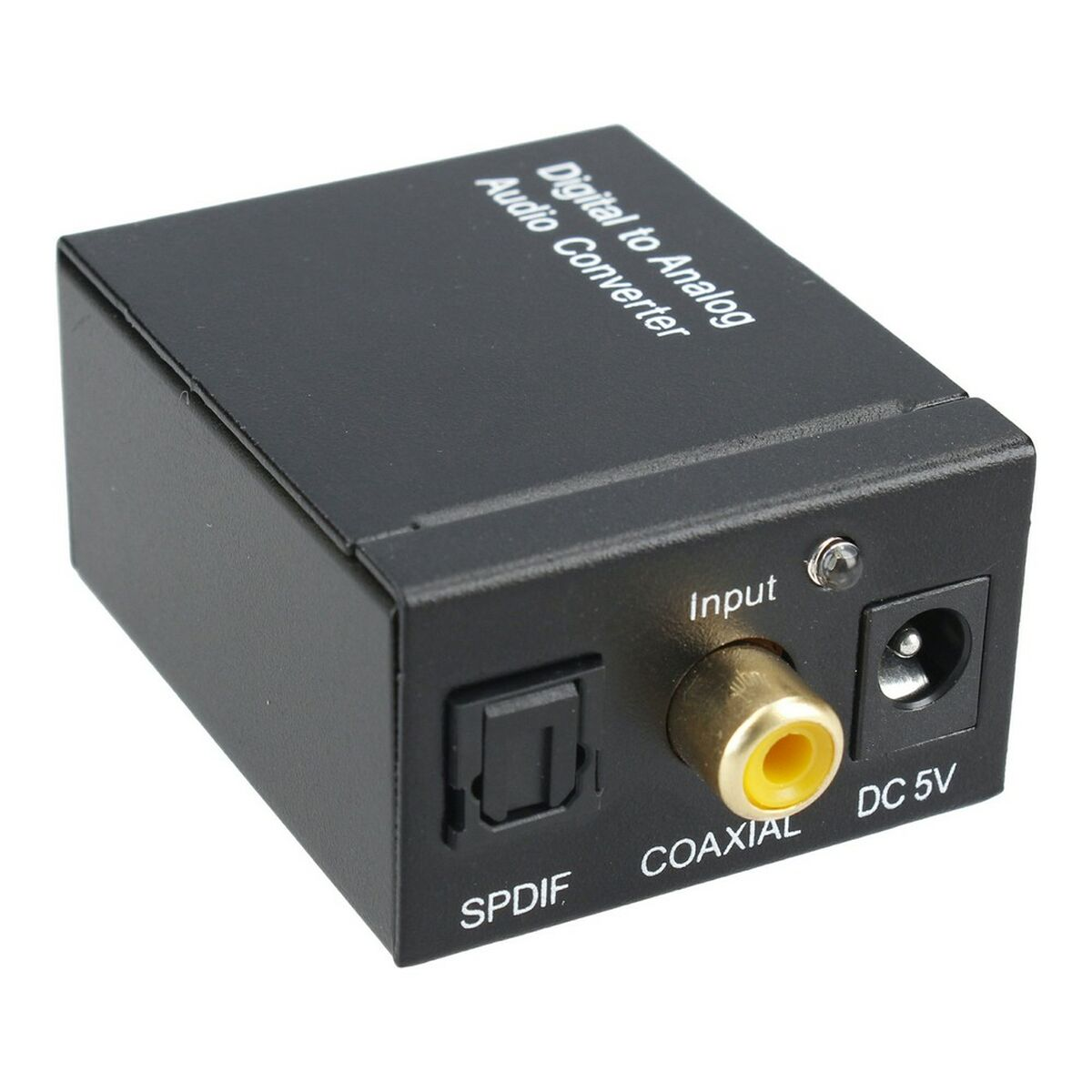 Schwarzer Digital-zu-Analog-Audio-Konverter mit Eingangs-, Koaxial-, SPDIF- und DC 5V-Anschlüssen.