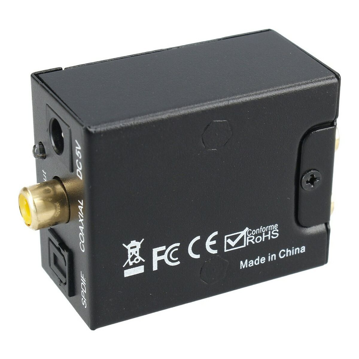Schwarzer Audio-Konverter mit Anschlüssen: Koaxial, SPDIF und DC 5V, mit weißem Text und Logo.