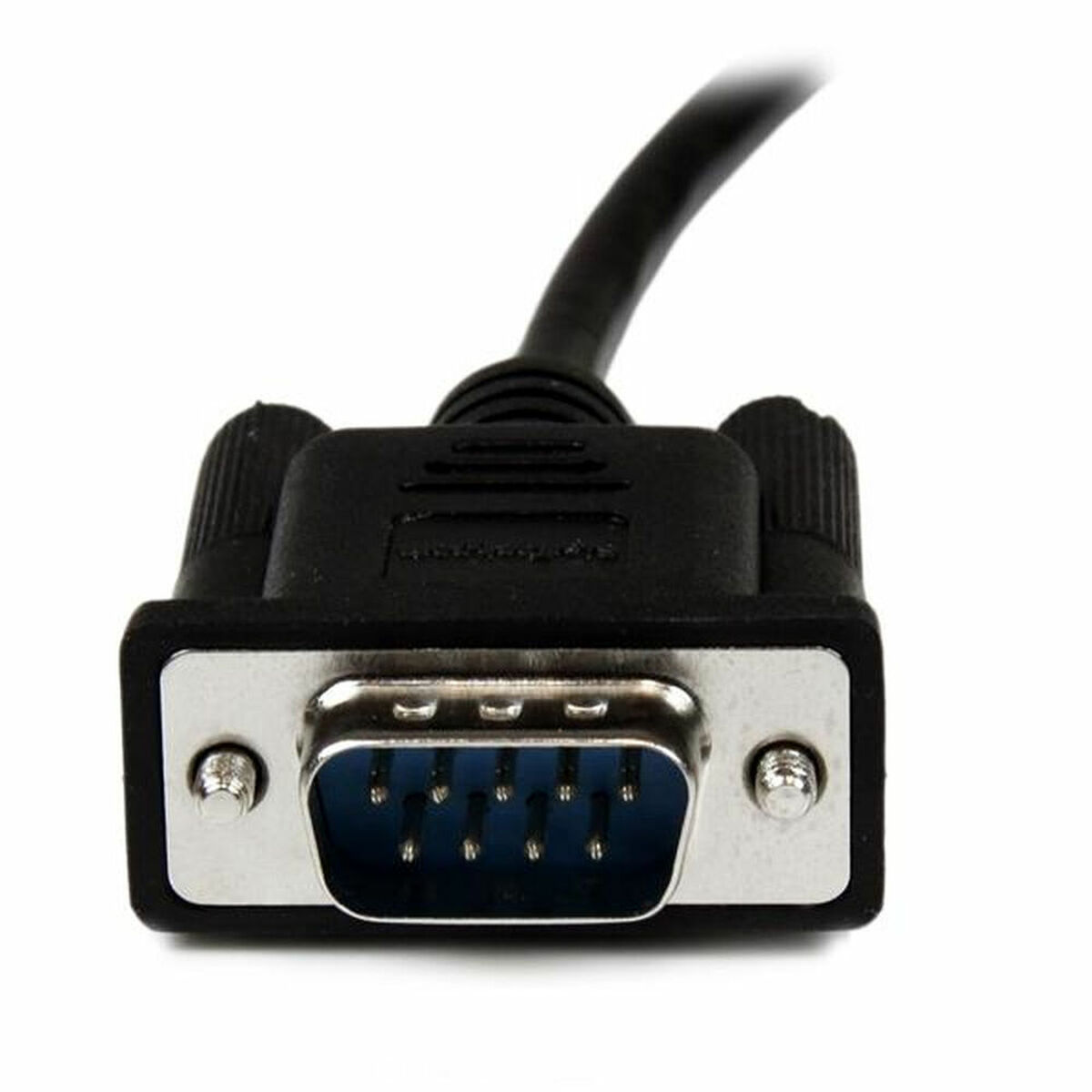 Nahaufnahme eines schwarzen und blauen VGA-Anschlusses. Der Anschluss hat 15 Pins.