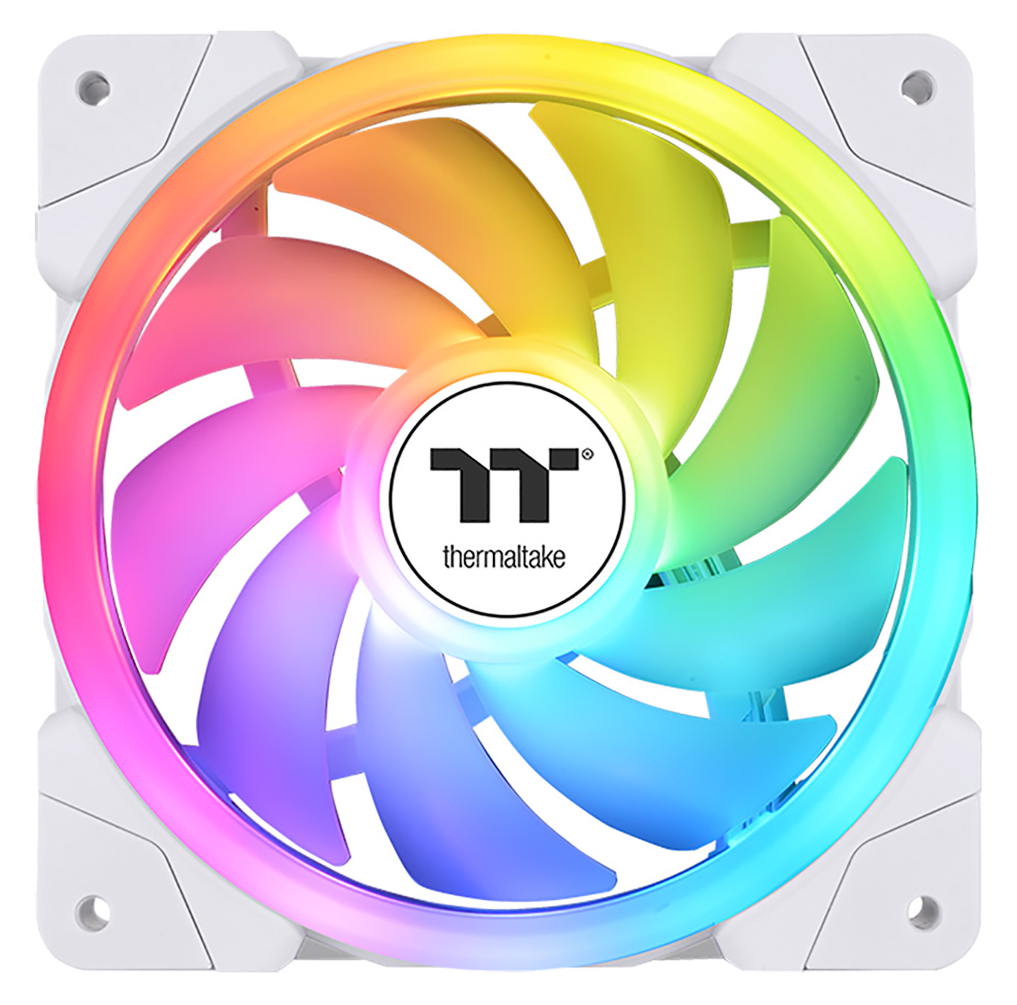 Wentylator komputerowy w kolorach tęczy. Białe tło.
