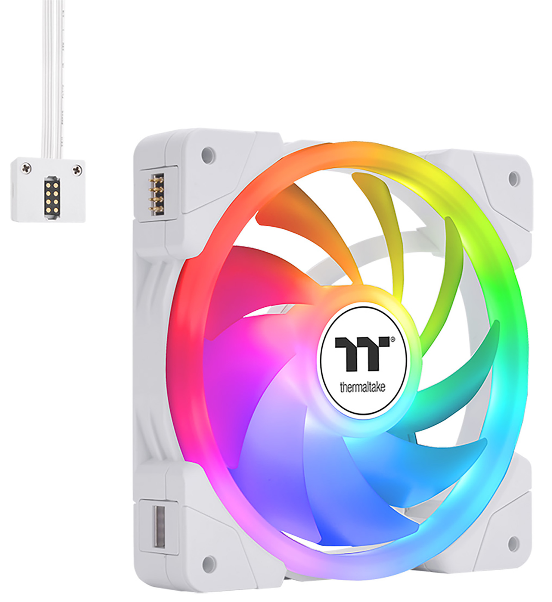 Biały wentylator komputerowy z wielokolorowymi łopatkami i złączem zasilania.