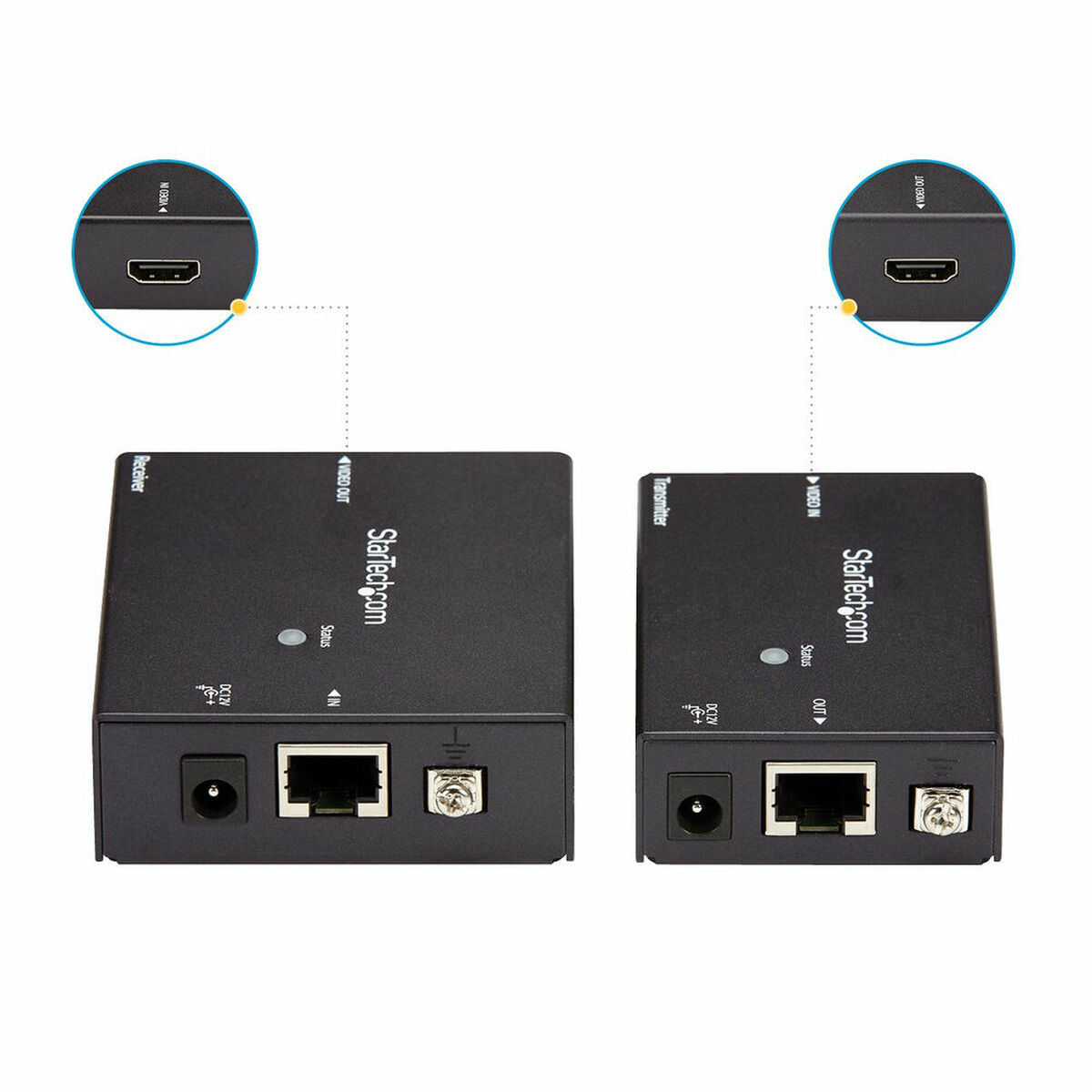 Zwei schwarze StarTech.com-Boxen, Empfänger und Sender, mit beschrifteten Anschlüssen. Weißer Hintergrund.