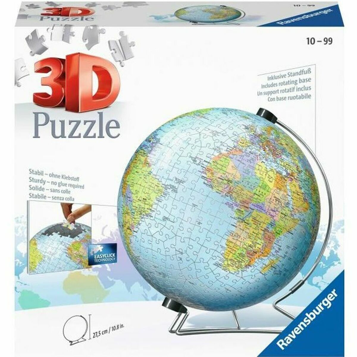 Puzzle 3D z globusem i stojakiem. Puzzle to przedstawienie mapy świata. Pudełko jest widoczne.