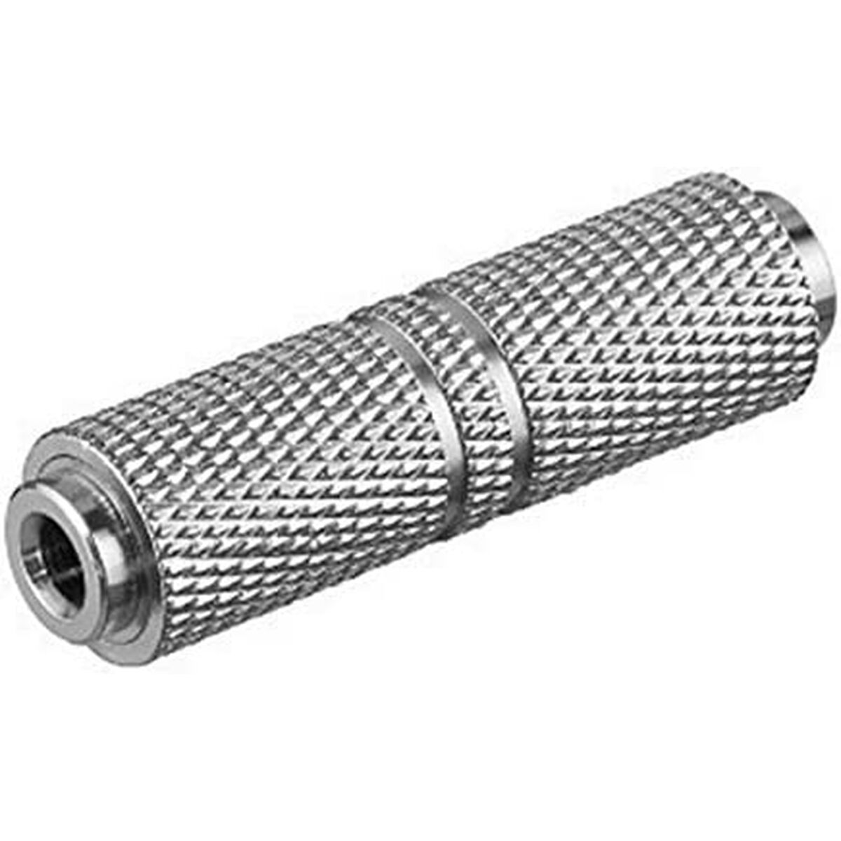 Silberner, gerändelter Metall-Audioadapter.