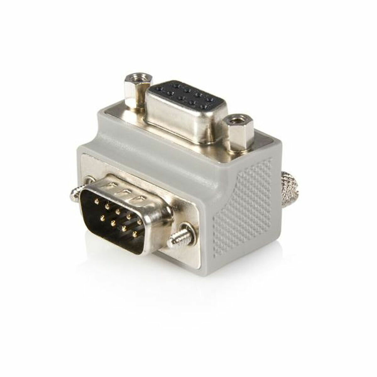 Grauer D-Sub-Adapter mit zwei Anschlüssen, mit Schrauben.