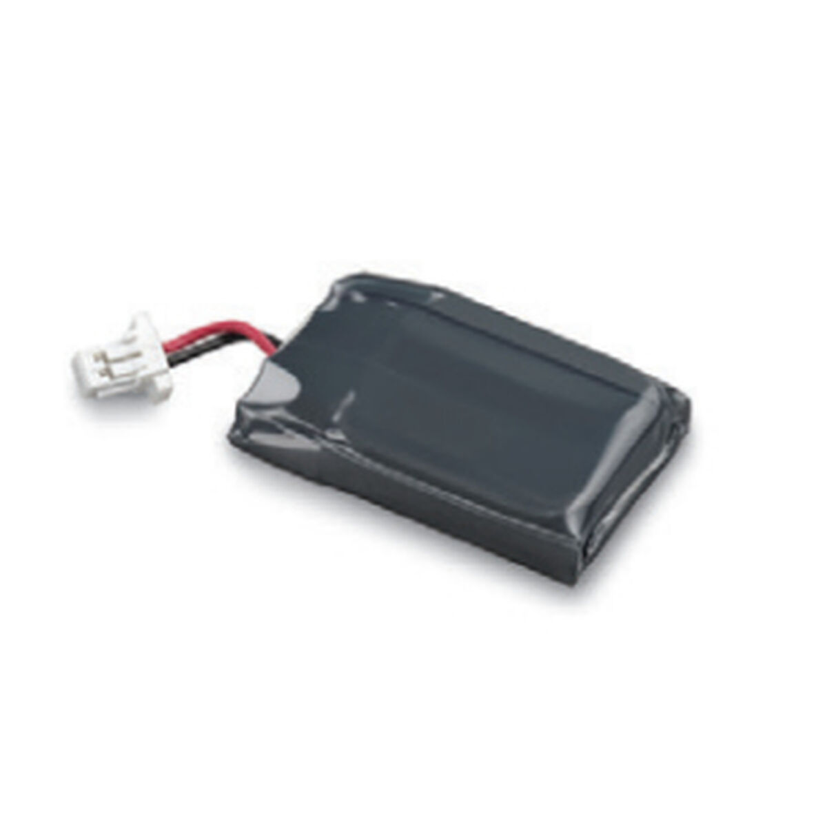 Eine kleine, schwarze rechteckige Batterie mit roten und weißen Drähten. Weißer Hintergrund.