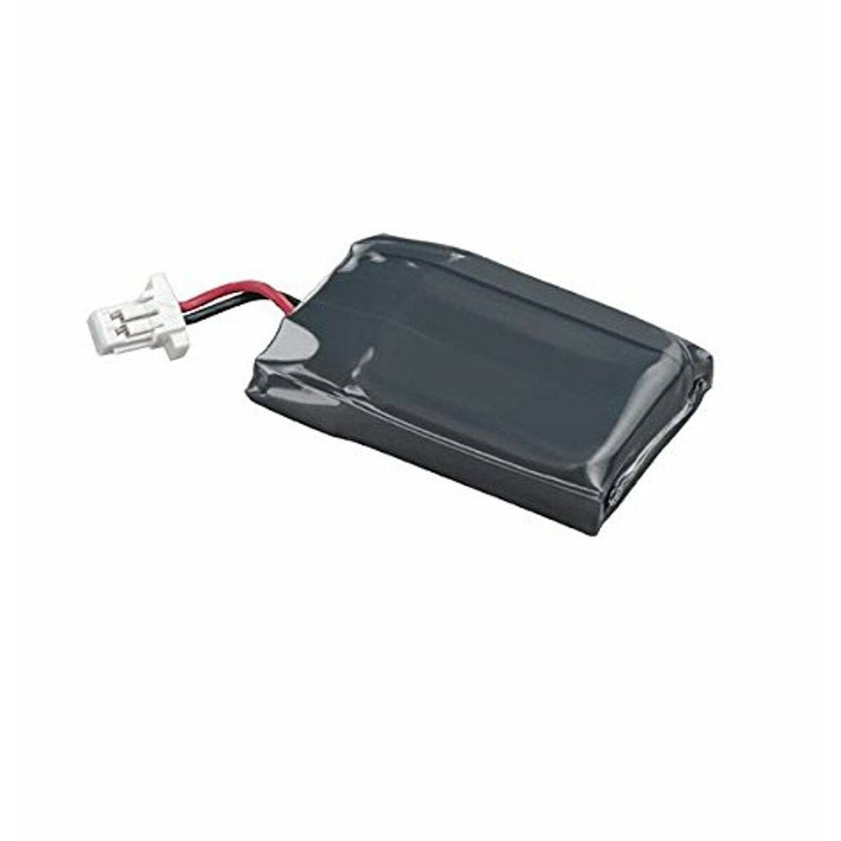 Eine kleine, schwarze rechteckige Batterie mit roten und weißen Drähten. Weißer Hintergrund.