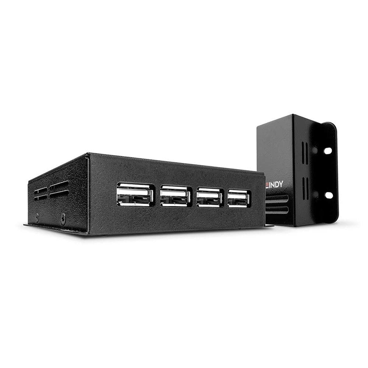 Ein schwarzer USB-Hub mit vier USB-Anschlüssen und eine schwarze Halterung auf weißem Hintergrund.