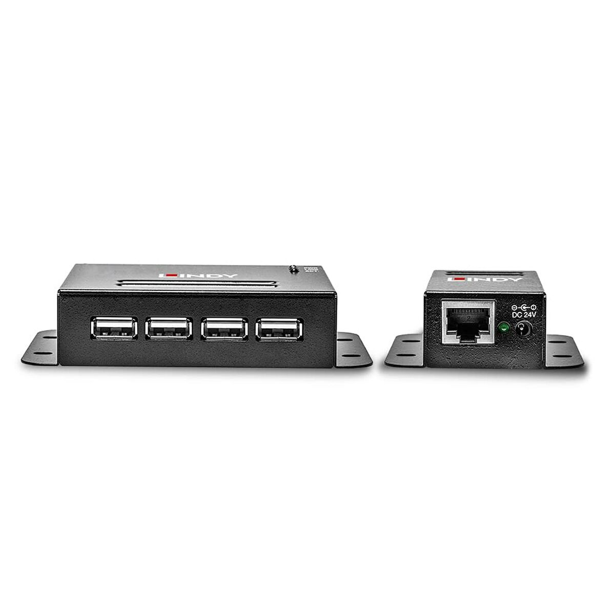 Zwei schwarze USB-Hubs, einer mit vier USB-Anschlüssen und einer mit Netzwerkanschluss.
