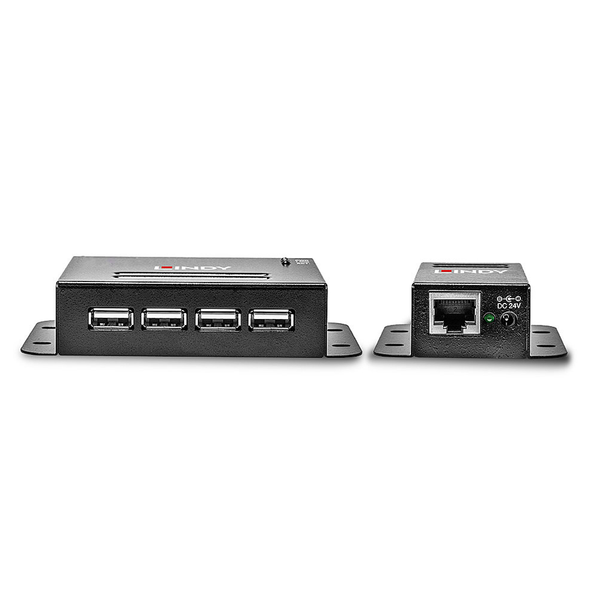 Zwei schwarze Lindy USB-Hubs. Einer mit 4 USB-Anschlüssen, der andere mit einem Ethernet-Anschluss.