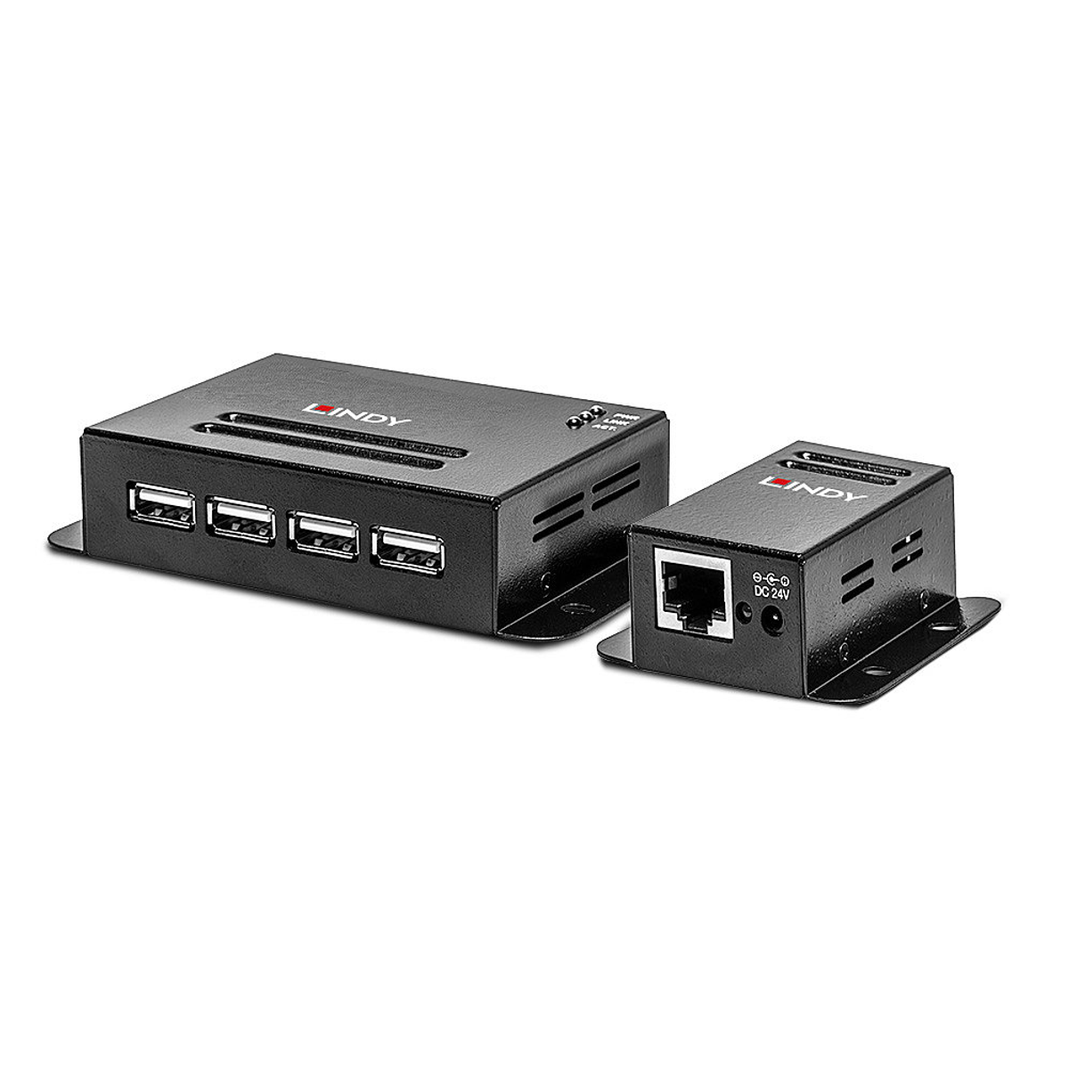 Schwarzer LINDY USB-Hub und separater Adapter mit Ethernet-Anschluss, beide auf weißem Hintergrund.