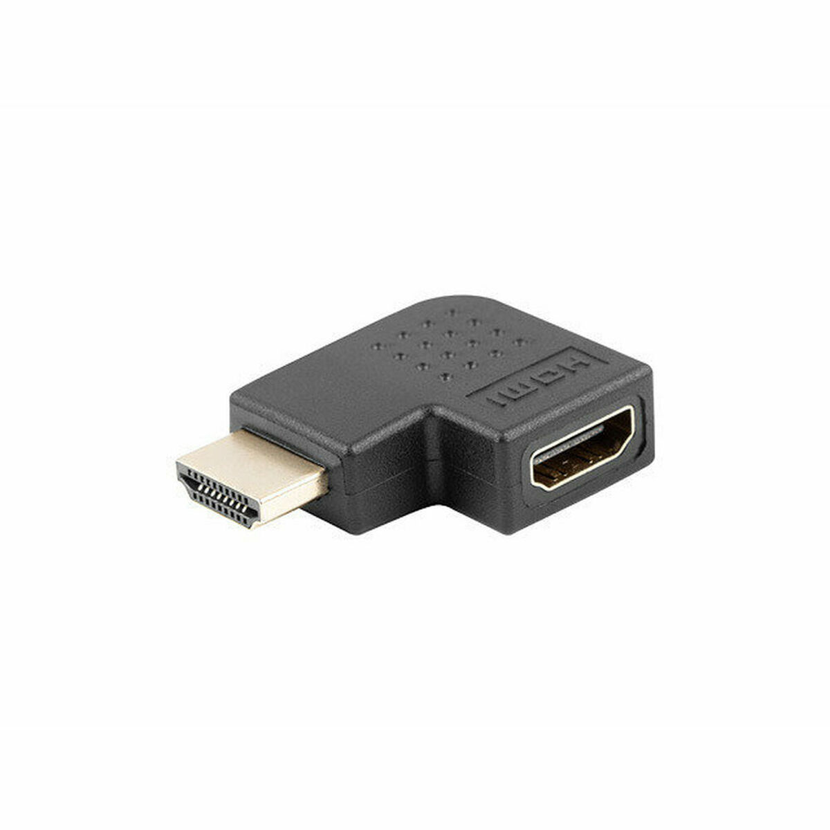 Ein schwarzer HDMI-Adapter mit einem Stecker und einer Buchse. Der Adapter hat ein gebogenes Design.