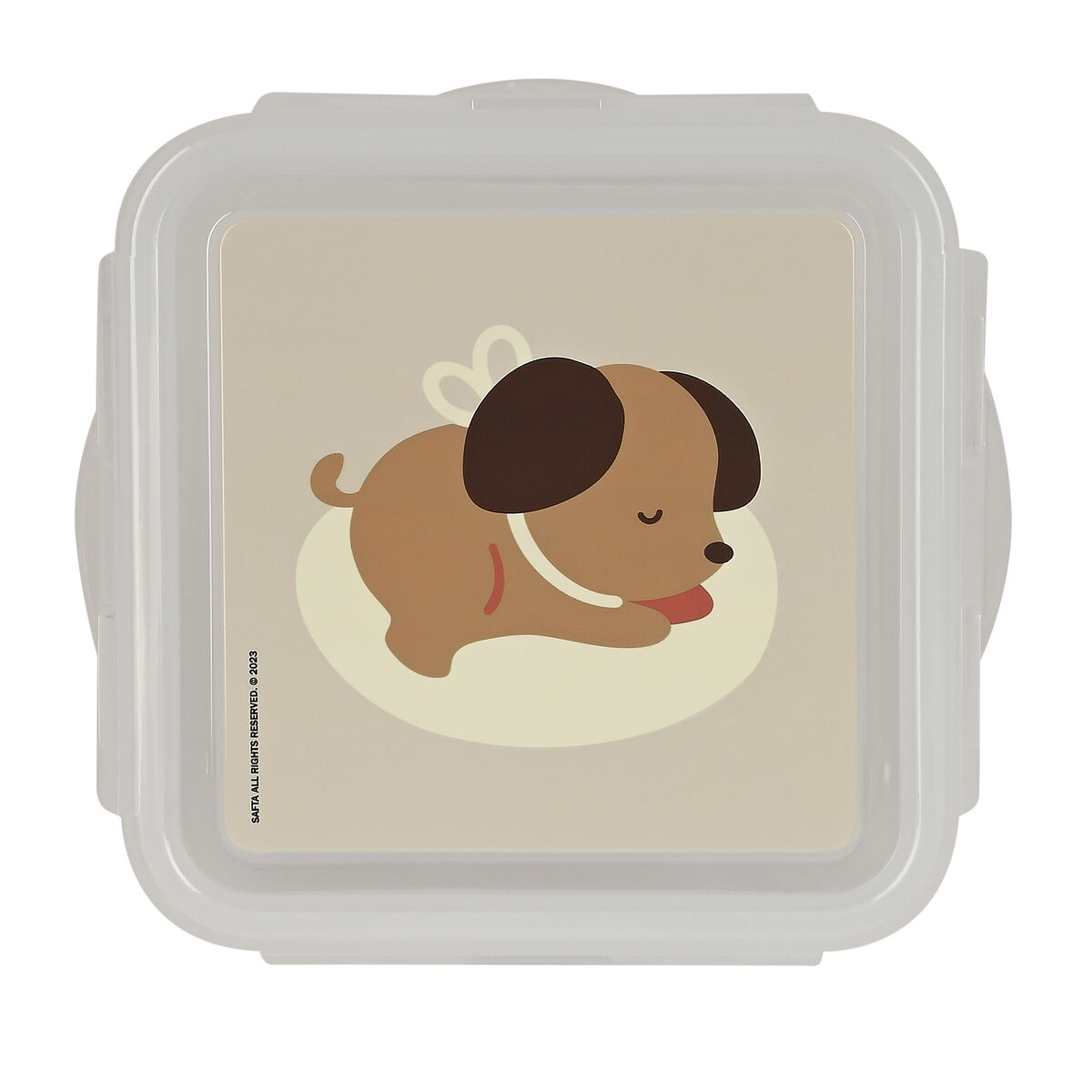 Quadratische, transparente Kunststoff-Lunchbox mit Deckel. Deckel mit Hunde-Illustration.