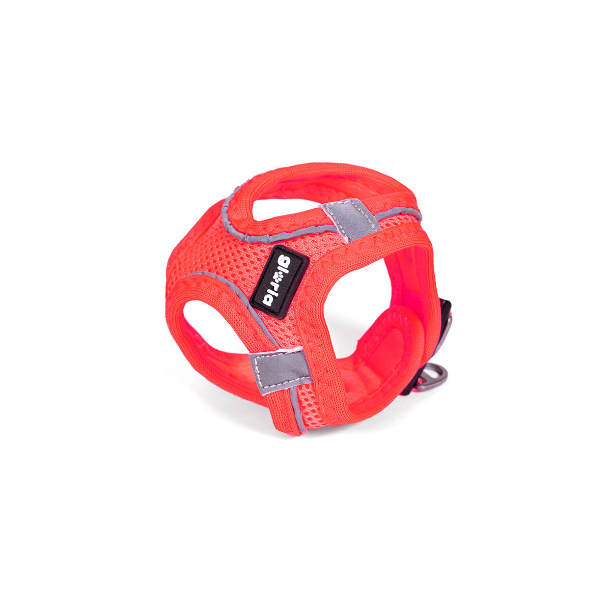 Rotes Hundegeschirr, Mesh-Design, mit reflektierenden Streifen, weißer Hintergrund, Seitenlogo.