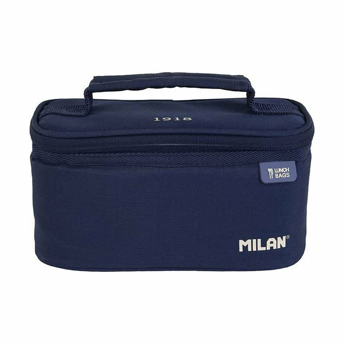 Marineblaue Lunchtasche mit Griff und dem Wort 'MILAN' auf der Unterseite, mit den Worten 'LUNCH BAGS'.